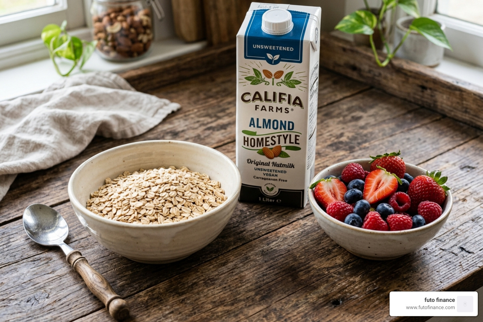 Raw rolled oats, a carton of almond milk, and a bowl of fresh berries as ingredients - porridge recipe vegan