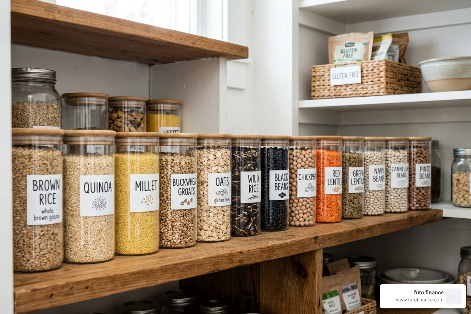 a well-stocked vegan gluten-free pantry with jars of grains and beans - vegan gluten free lunch recipes