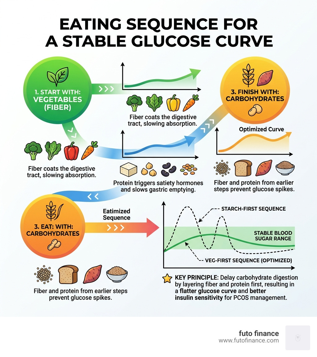 Infographic showing the Vegetables-Protein-Carb eating sequence to flatten the glucose curve - pcos and vegan diet