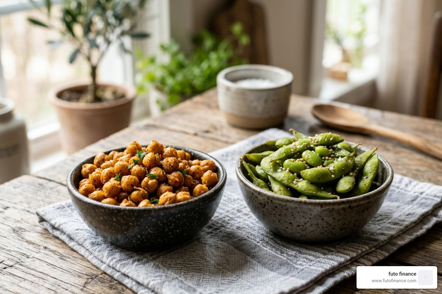 roasted chickpeas and edamame in small bowls - high-protein snacks vegan