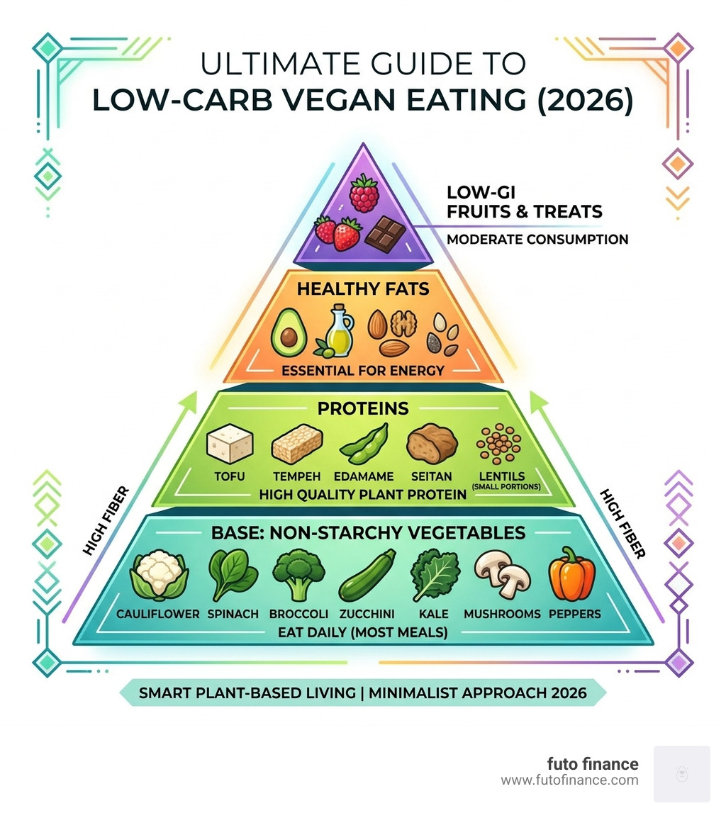 Low-carb vegan food pyramid showing vegetables, proteins, fats, and low-GI fruits for 2026 - vegan low carb diet recipes
