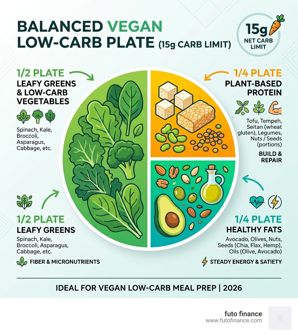 Infographic showing 15g carb-limit meal components: 1/2 plate leafy greens, 1/4 protein, 1/4 healthy fats - vegan low carb