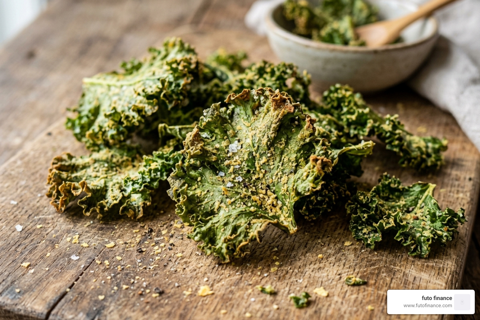Crispy air-fried kale chips seasoned with nutritional yeast - vegan low carb diet recipes