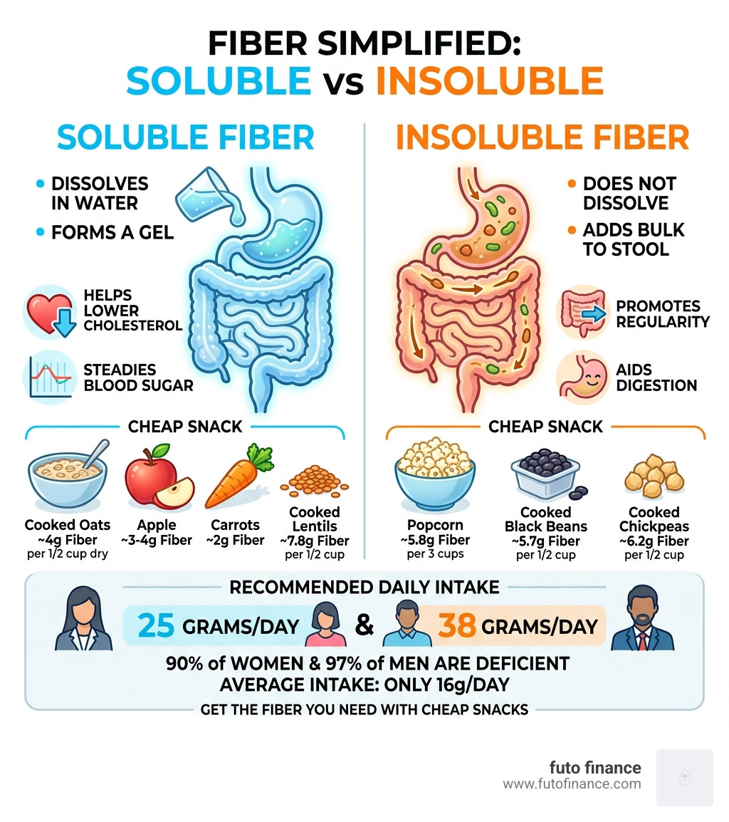 infographic comparing soluble vs insoluble fiber sources and daily intake recommendations - cheap high fiber snacks