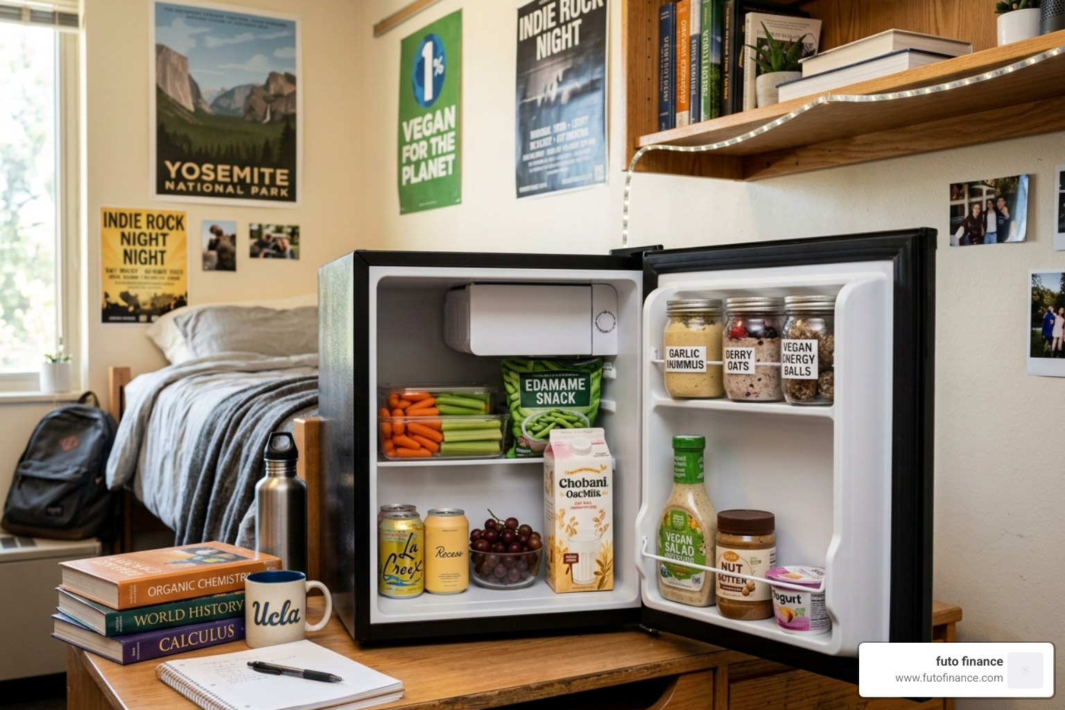 Organized dorm mini-fridge - vegan university snack ideas
