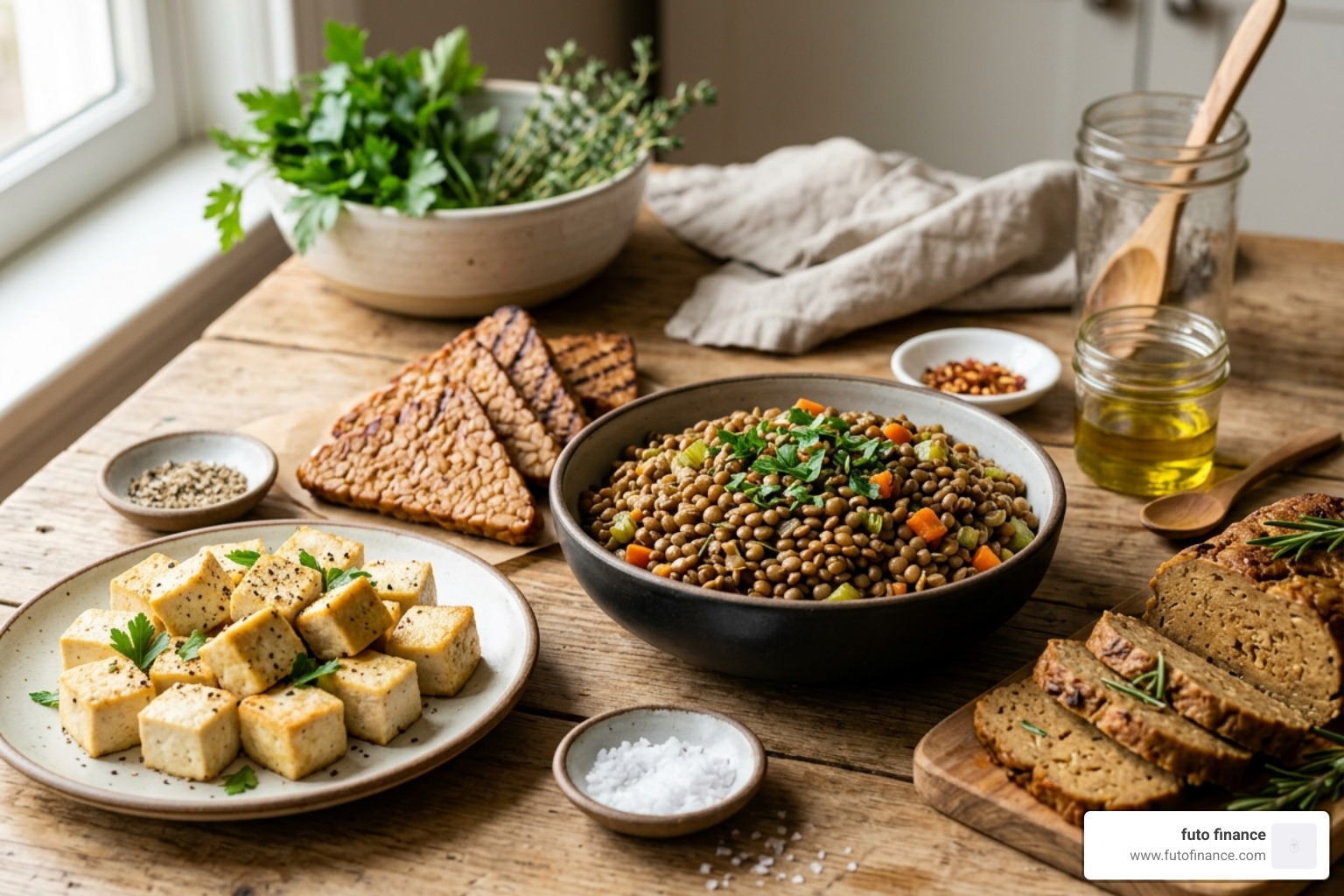 Selection of plant-based proteins including tofu, tempeh, lentils, and seitan - pcos and vegan diet