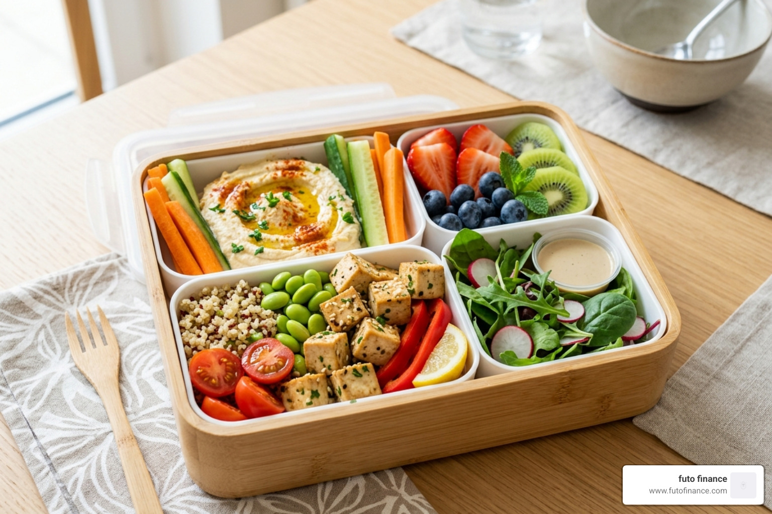 compartmentalized vegan lunch container with colorful food - vegan lunchable ideas