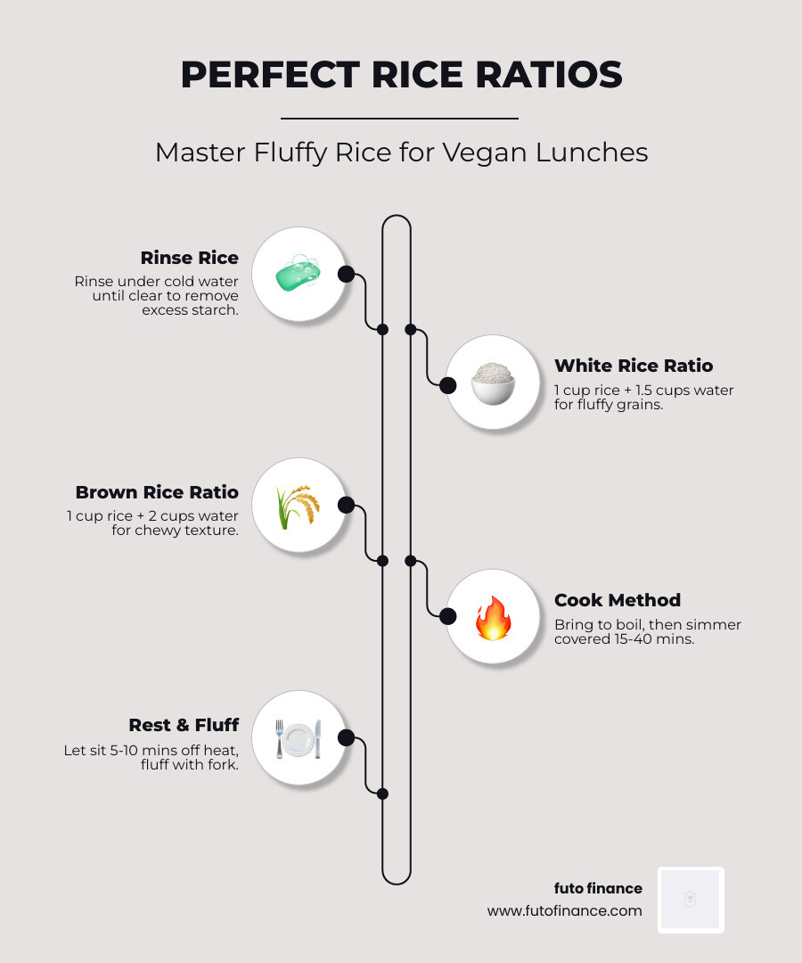 Infographic explaining the perfect rice-to-water ratio for white and brown rice - vegan rice lunch ideas infographic