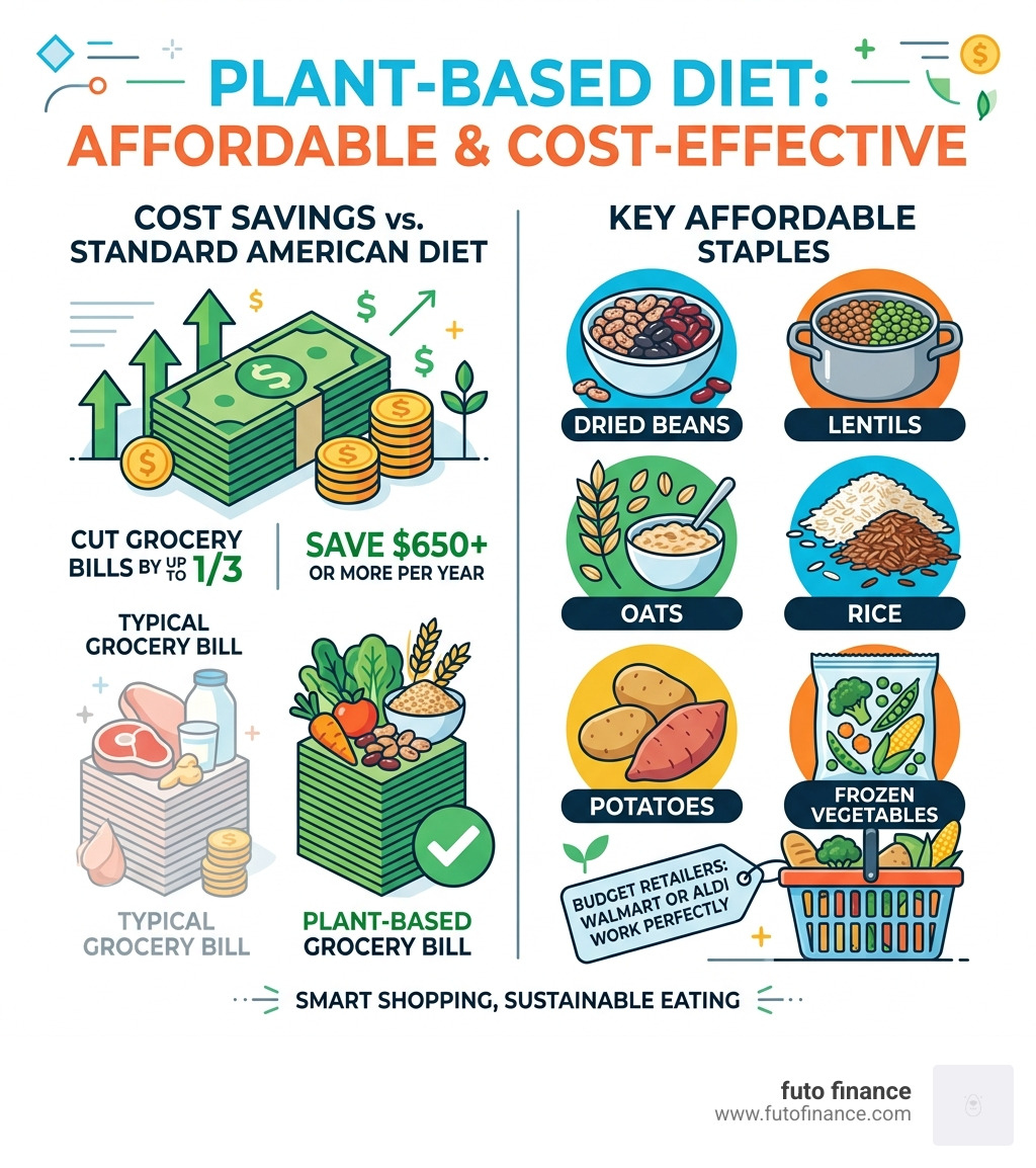 Infographic showing plant-based diet cost savings vs Standard American Diet and key affordable staples - plant based diet