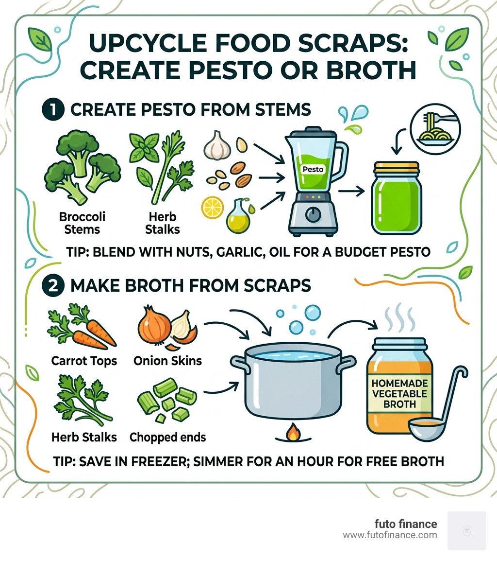 Infographic on upcycling food scraps like broccoli stems and herb stalks into pesto or broth - plant based diet affordable