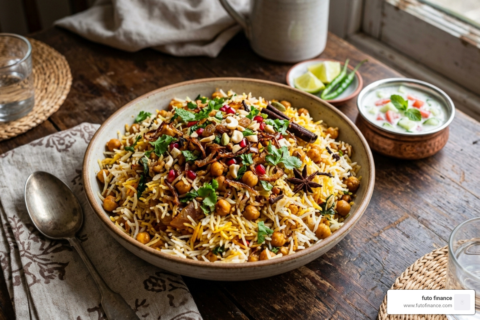 Vegan biryani with chickpeas, spices, and fragrant basmati rice - vegan rice lunch ideas