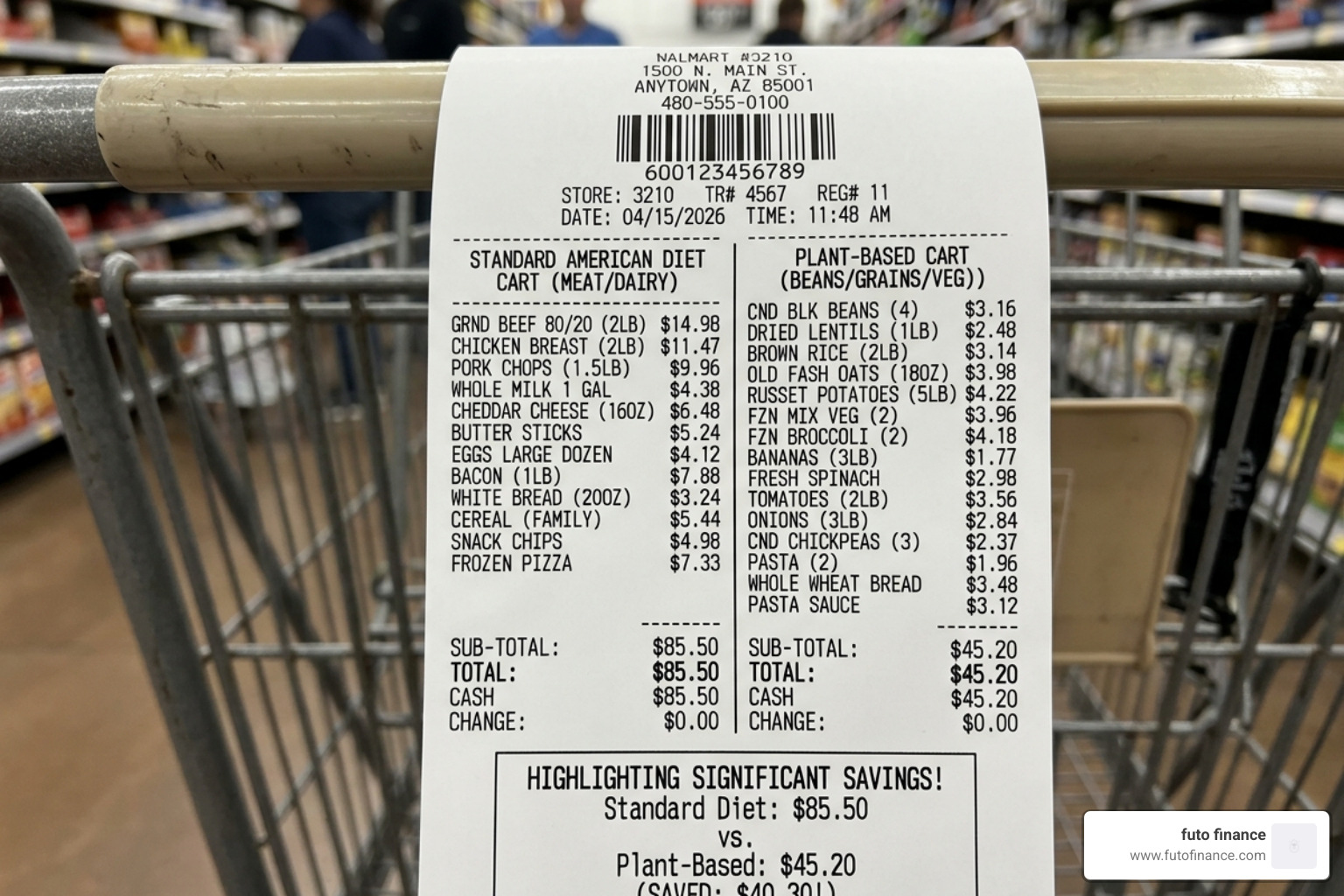 Grocery receipt showing significant savings after switching to plant-based staples - plant based diet affordable