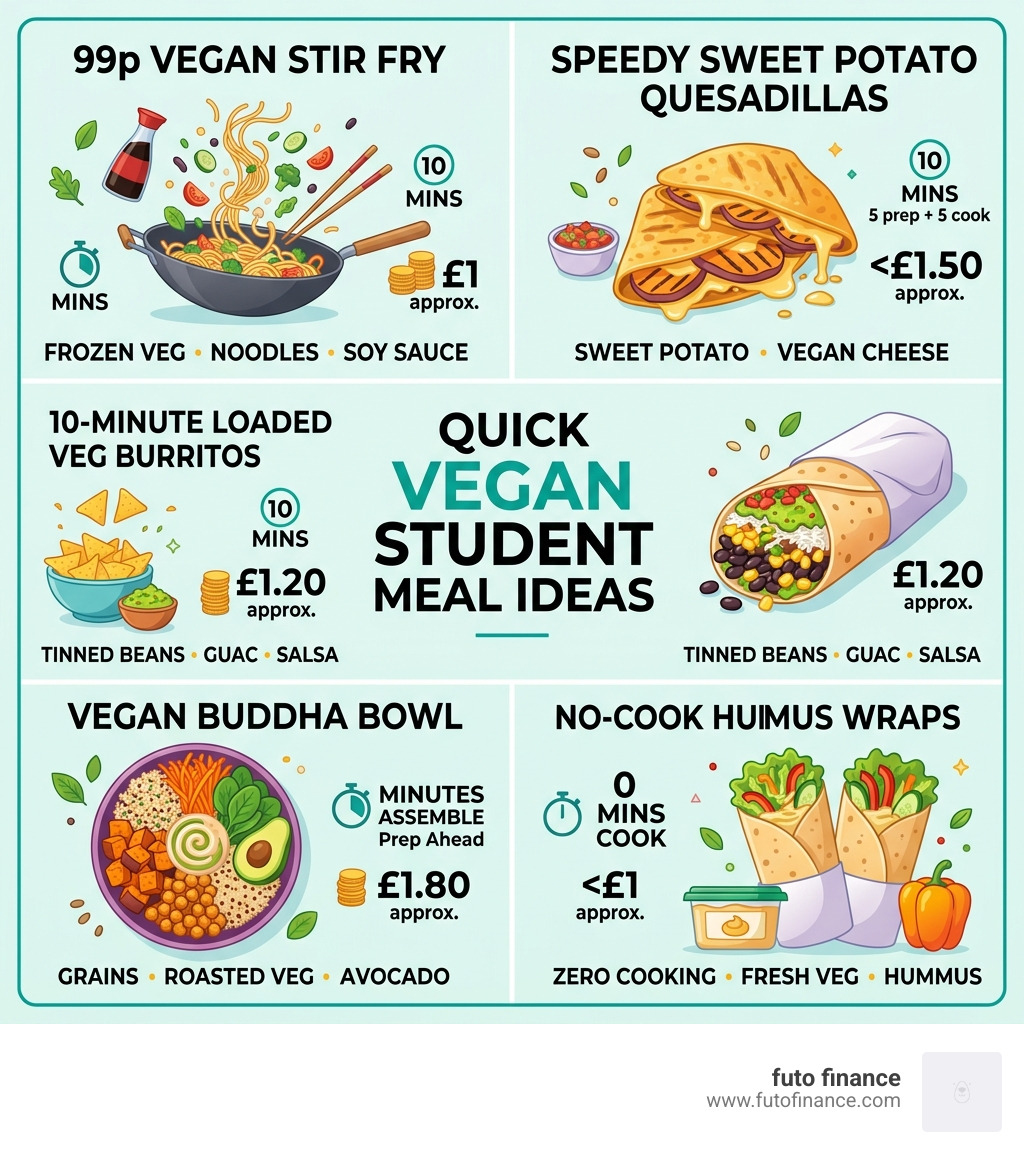 Quick vegan student meal ideas infographic showing recipes, prep times, and costs - fast vegan student recipes infographic 
