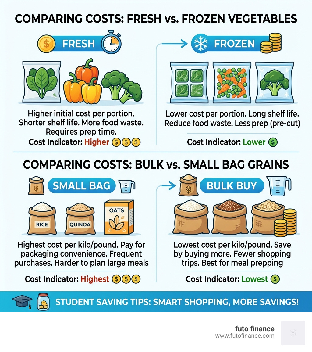 Infographic comparing the cost of fresh vs. frozen vegetables and bulk vs. small bag grains - fast vegan student recipes