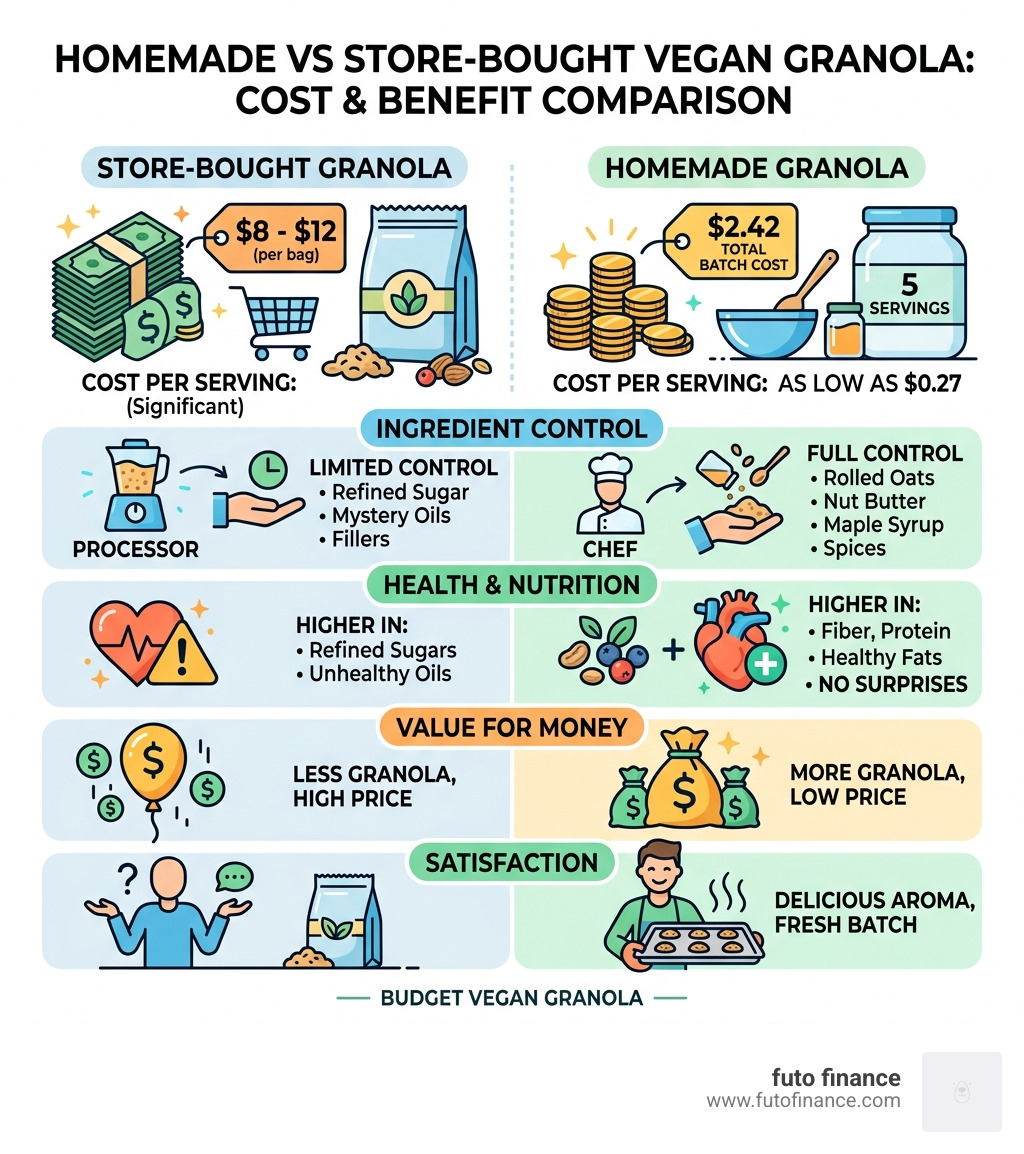 infographic showing cost breakdown and key benefits of homemade vs store-bought vegan granola - healthy budget vegan granola