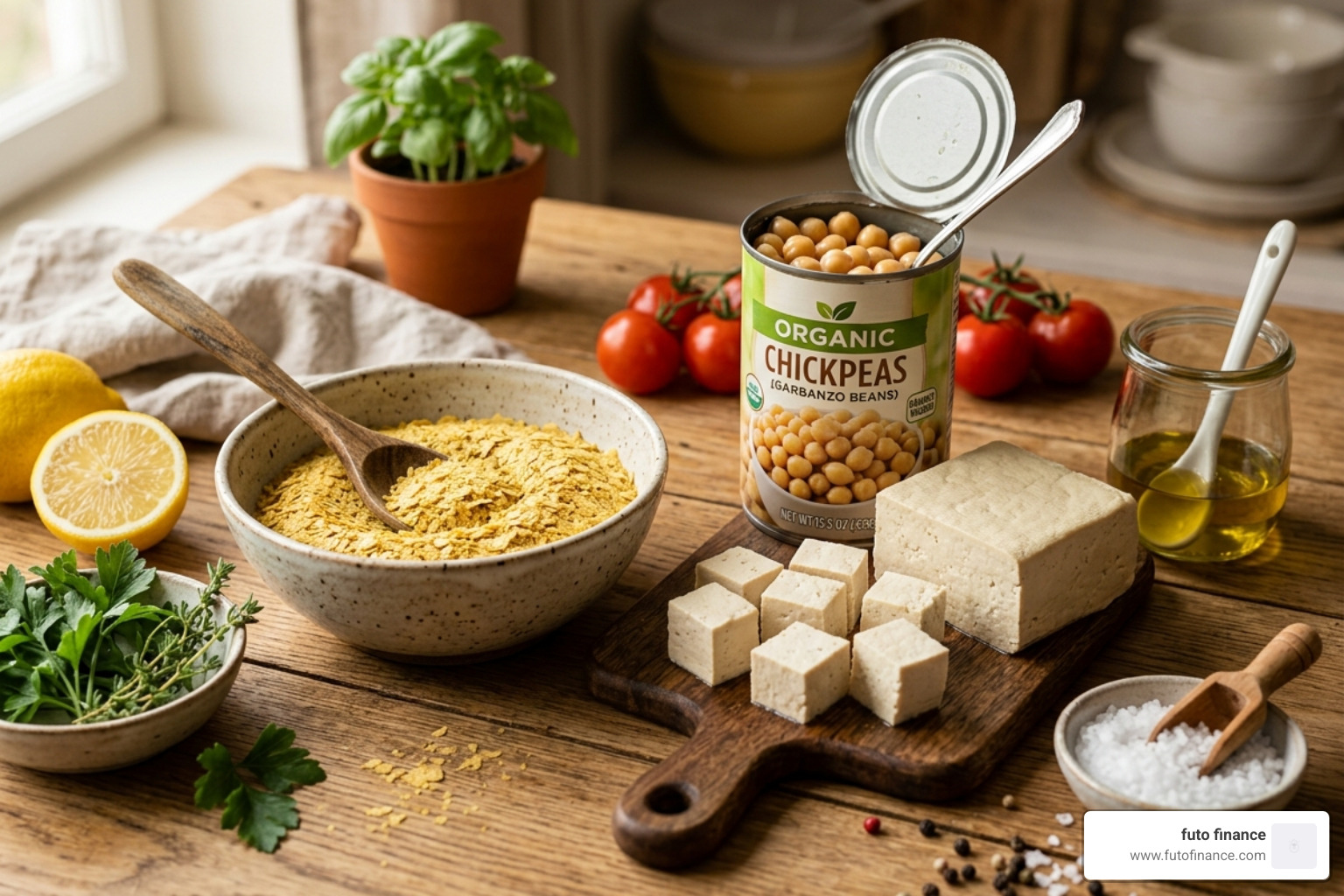 Essential vegan ingredients like nutritional yeast, tofu, and chickpeas - vegan food at home