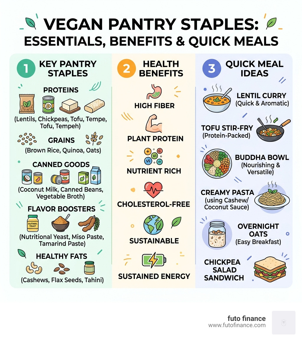 Key vegan pantry staples, health benefits, and quick meal ideas for home cooks - vegan food at home infographic 
