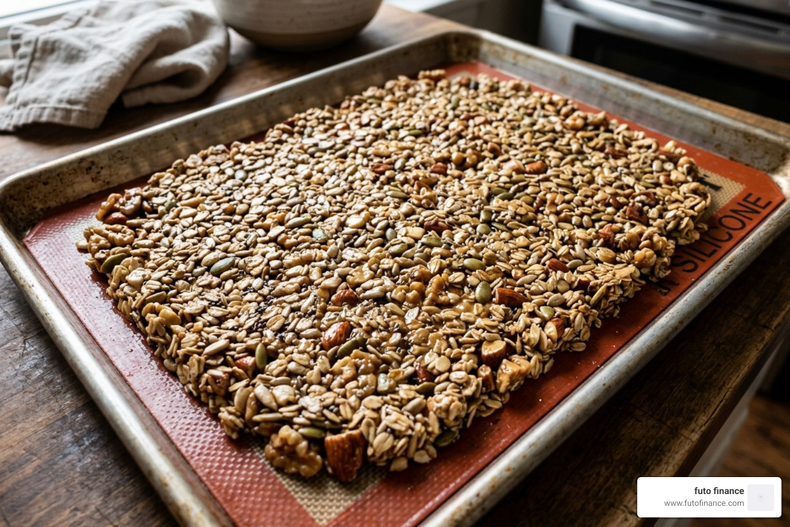 granola spread on a silicone baking mat ready for the oven - healthy budget vegan granola