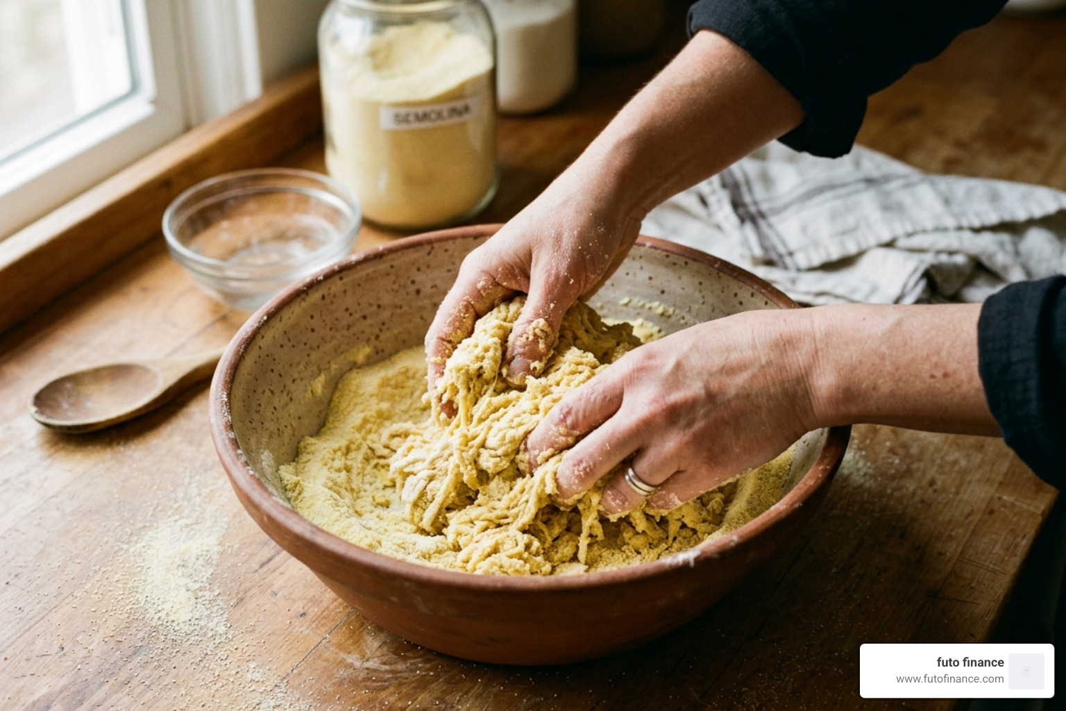Semolina flour and water being mixed to form pasta dough - dry pasta vegan