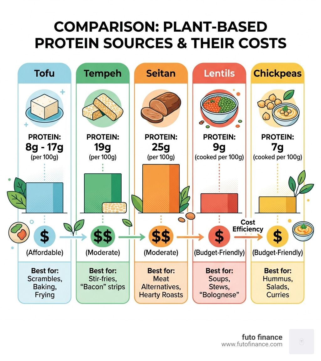 Comparison of plant-based protein sources and their costs - vegan food at home infographic 