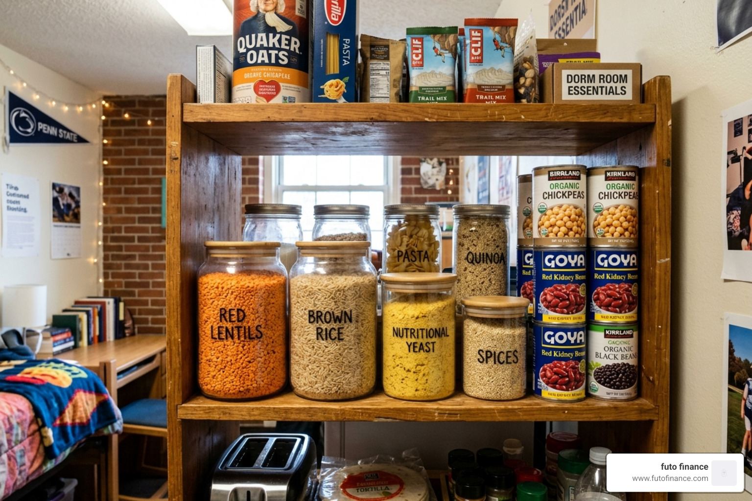 A well-organized dorm pantry shelf with jars of lentils, rice, and nutritional yeast - student vegan recipes