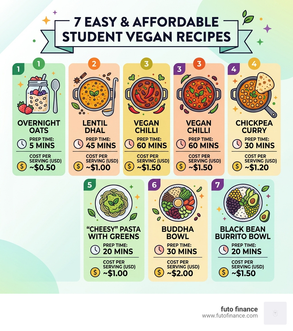 Infographic showing 7 easy student vegan recipes with prep times and cost per serving - student vegan recipes infographic 