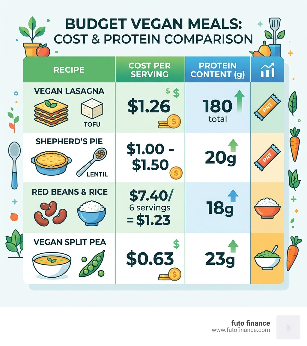 Table comparing cost per serving and protein content of budget recipes - vegan recipes on a budget infographic 