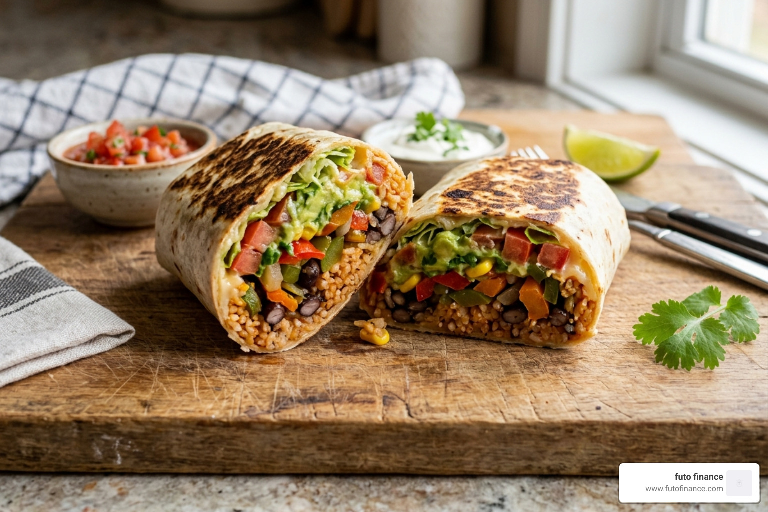 A 10-minute loaded vegetable burrito sliced in half - fast vegan student recipes