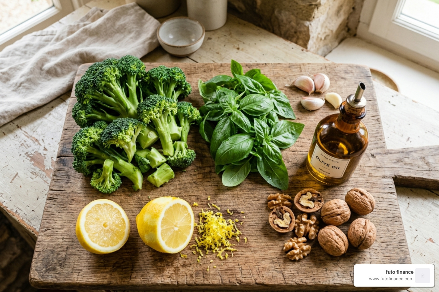 raw ingredients for vegan broccoli pesto on a wooden board - broccoli pesto vegan