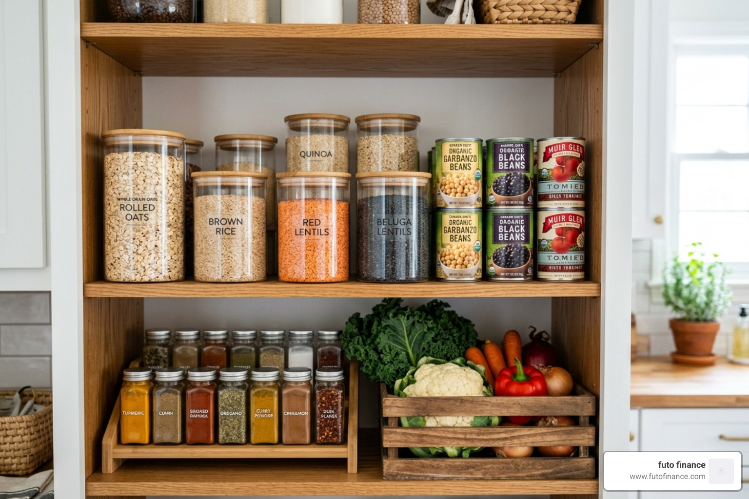 A well-organized vegan pantry with jars of grains, beans, and spices - vegan diet recipes for beginners