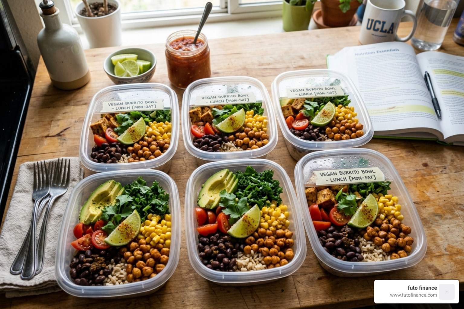 Meal-prepped high protein burrito bowls in containers - easy high protein vegan