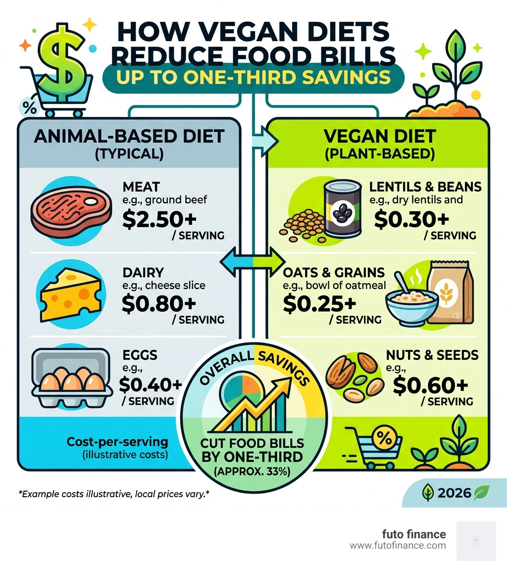 infographic showing how vegan diets reduce food bills by one-third with cost-per-serving comparisons - affordable vegan