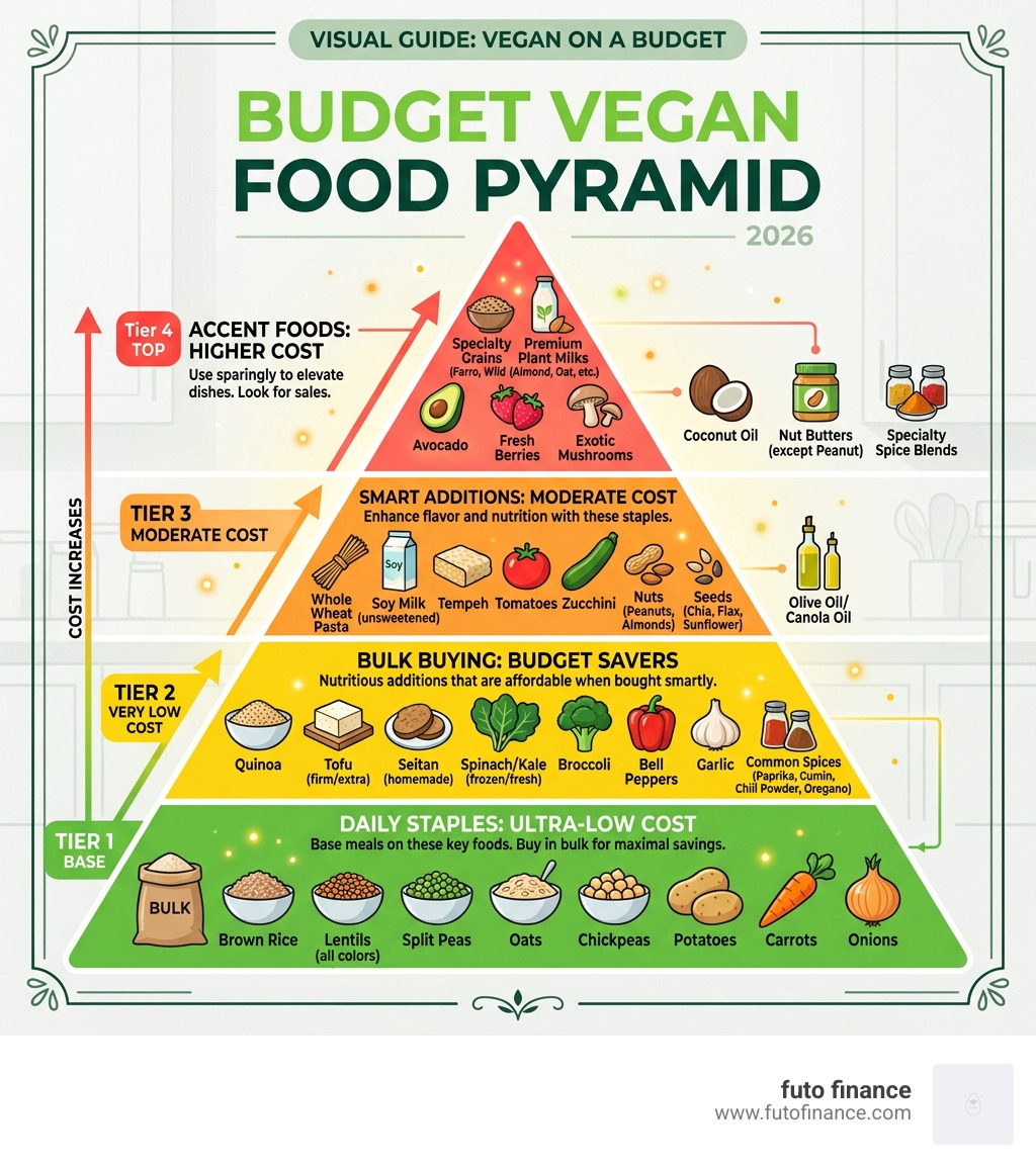 Budget Vegan Food Pyramid showing grains, legumes, vegetables, spices, and healthy fats by cost tier - vegan recipes on a
