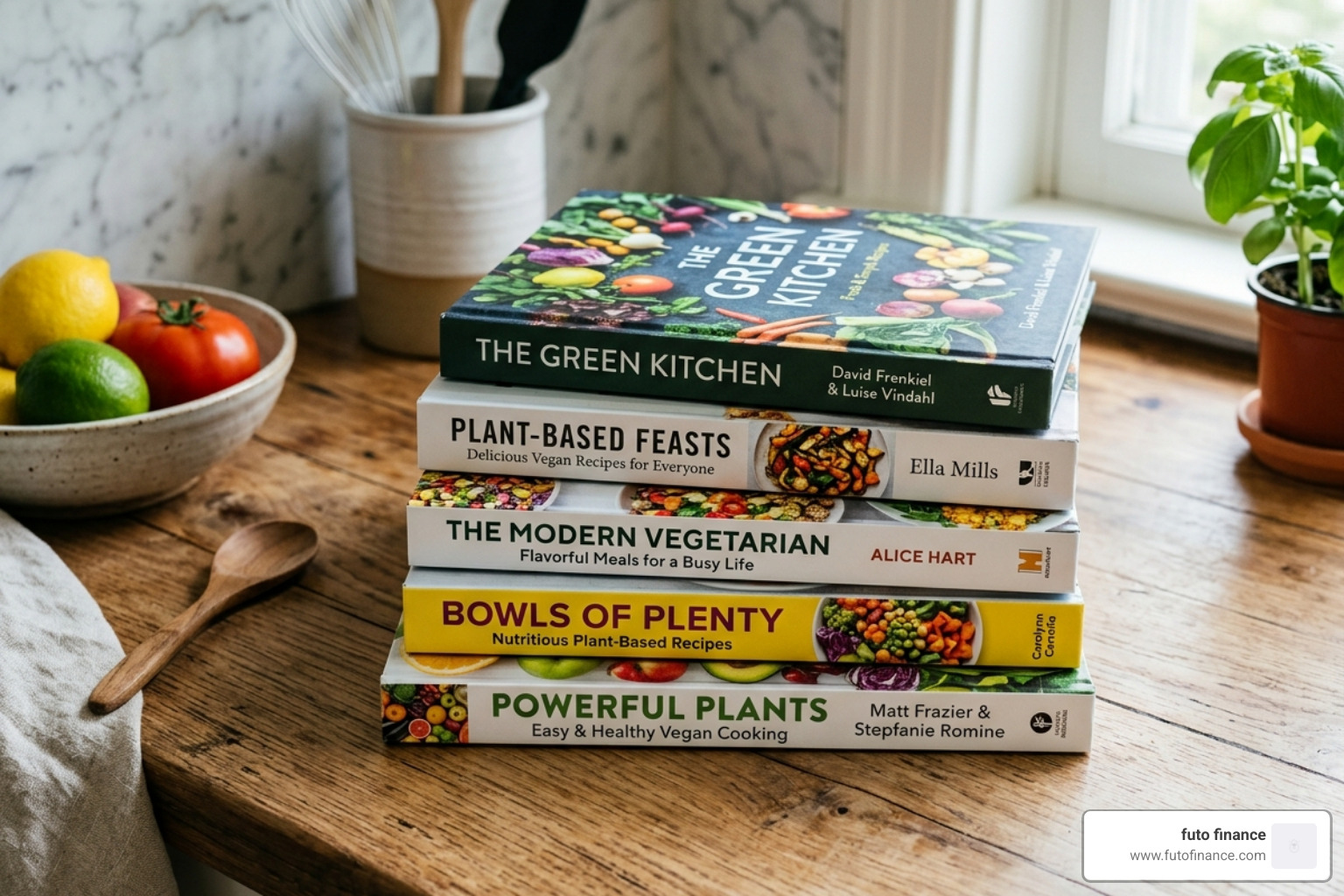 A stack of modern plant-based cookbooks on a wooden kitchen counter - plant based cookbook for beginners