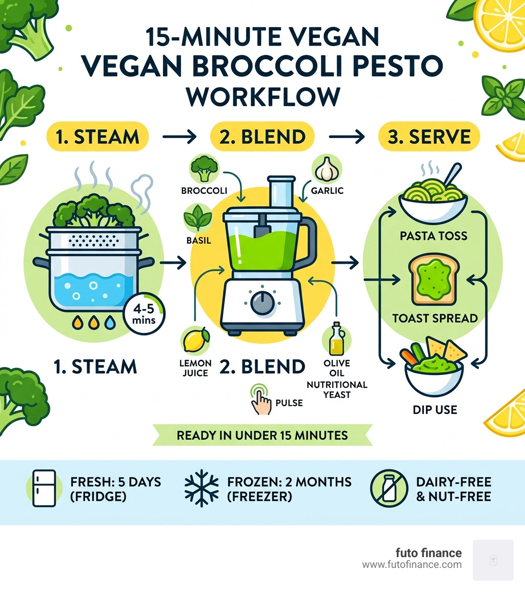 Steam, blend, serve - 15-minute vegan broccoli pesto workflow infographic - broccoli pesto vegan infographic 