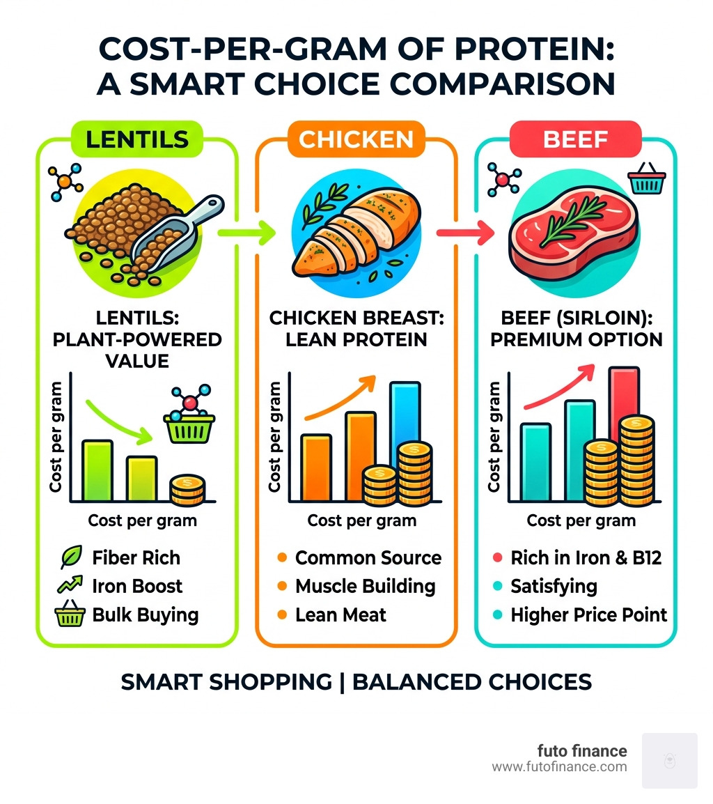 Infographic showing cost-per-gram of protein: Lentils vs Chicken vs Beef - easy high protein vegan infographic 