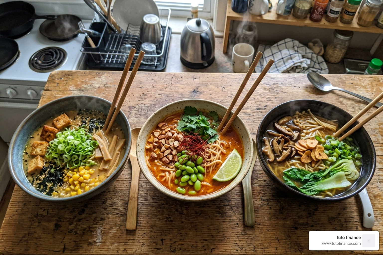 three different ramen bowls showcasing creamy miso, sriracha almond, and butter garlic styles - easy dorm vegan ramen