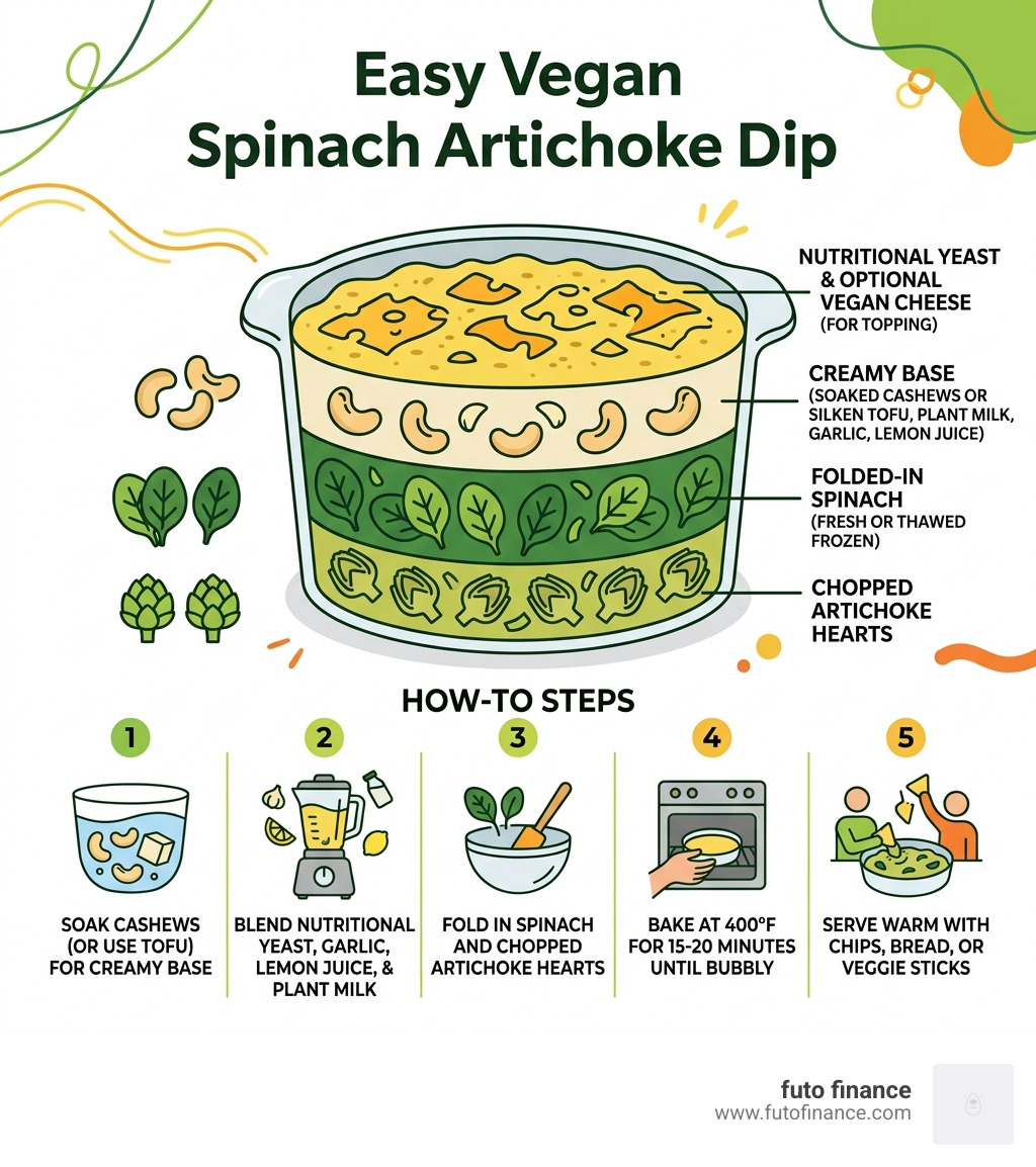 infographic showing layers of vegan spinach artichoke dip ingredients and quick how-to steps - easy vegan spinach artichoke