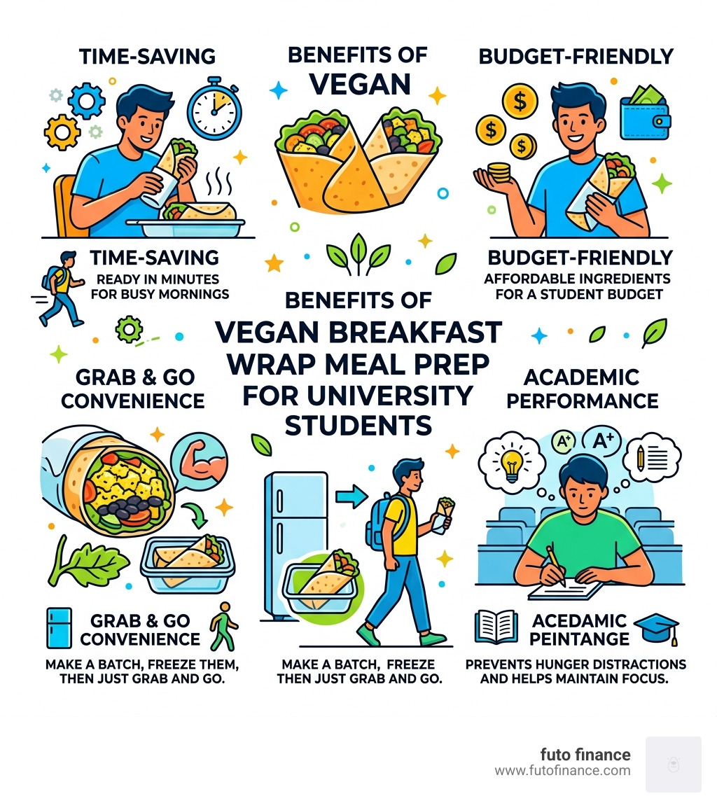 Infographic showing benefits of vegan breakfast wrap meal prep for university students - vegan breakfast wraps students