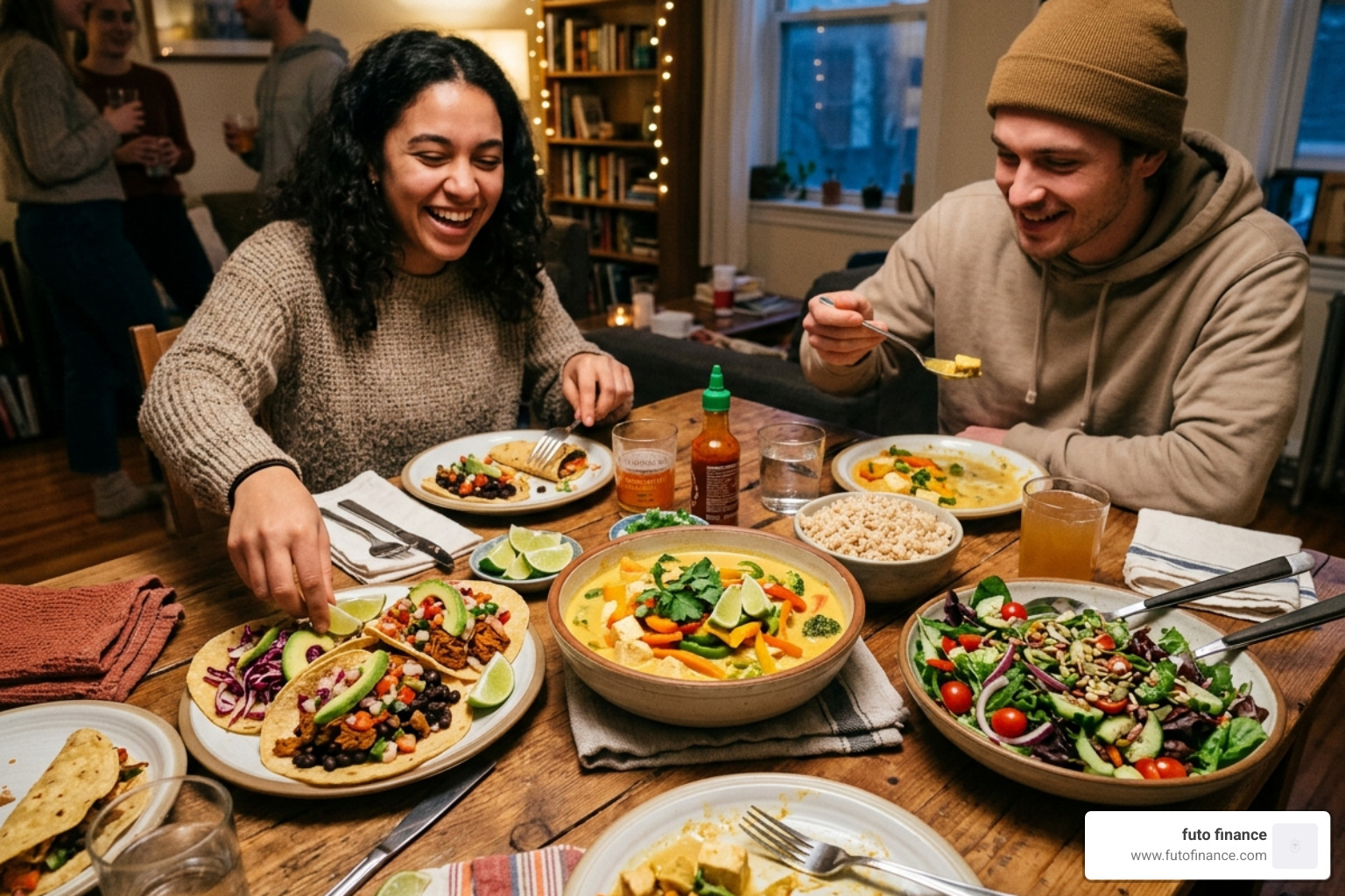 A 30-minute vegan dinner spread featuring bowls of curry, tacos, and fresh salad - vegan diet recipes for beginners