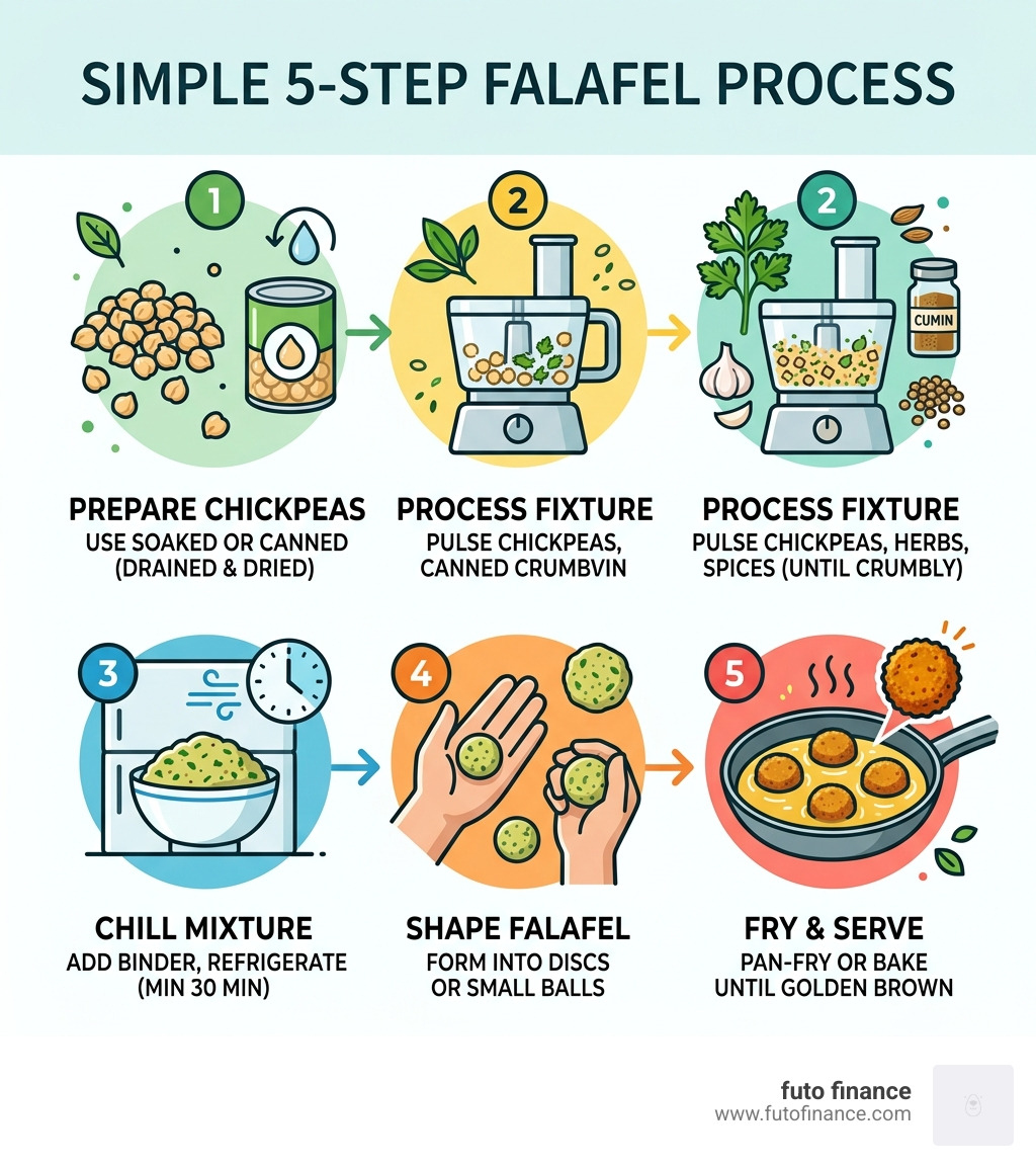 5-step falafel process infographic showing chickpeas, food processor, chilling, shaping, and frying - simple vegan falafel