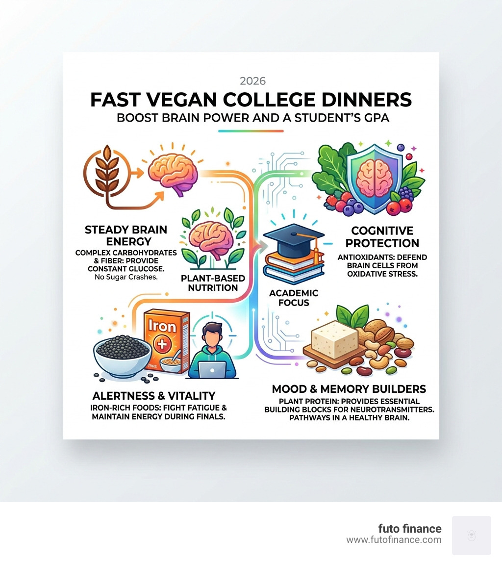infographic showing the link between plant-based nutrition and academic focus - fast vegan college dinners infographic 