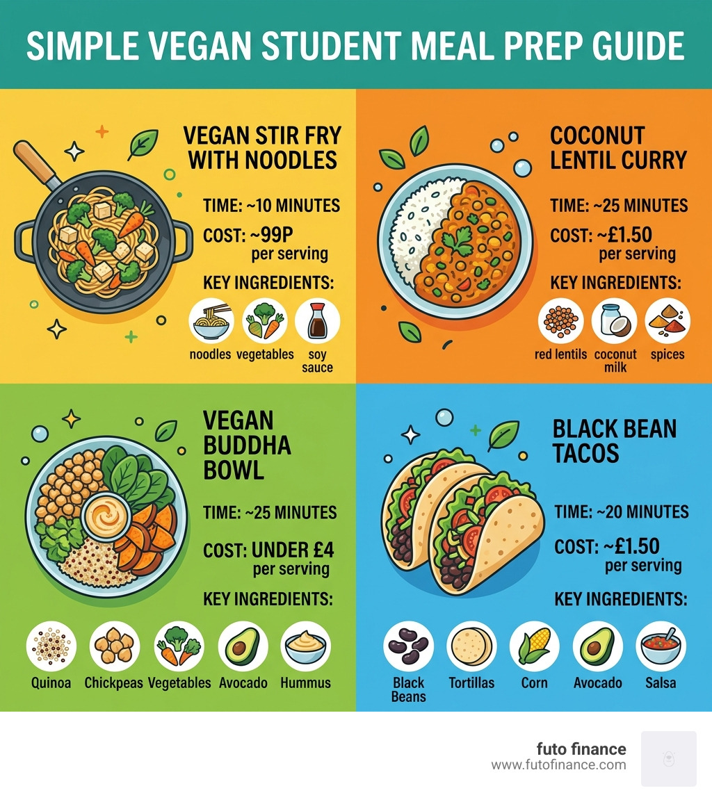 Quick vegan student meal prep guide with cost, time, and key ingredients per recipe - simple vegan student recipes