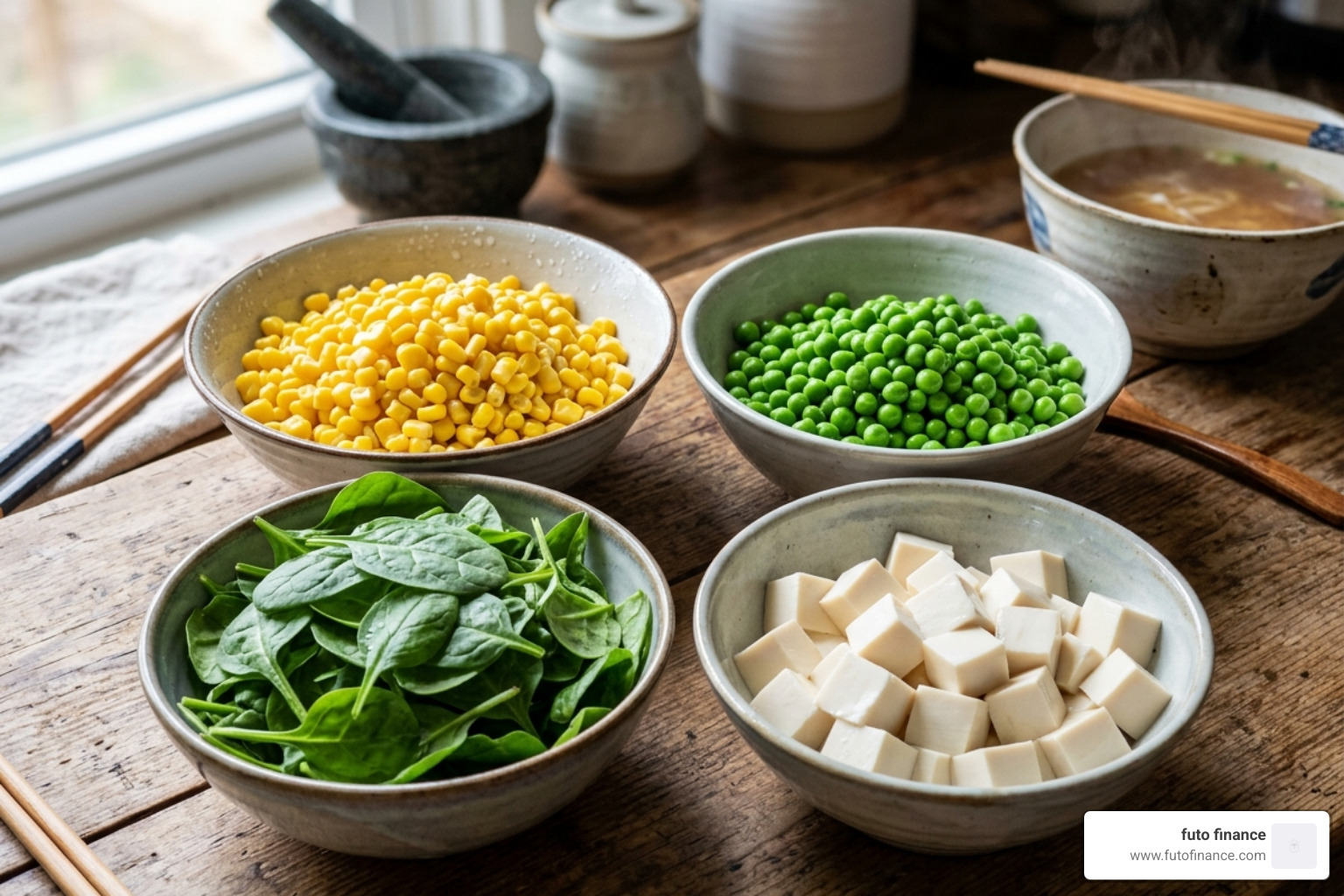 fresh and frozen vegetable toppings like corn, peas, spinach, and tofu cubes - easy dorm vegan ramen