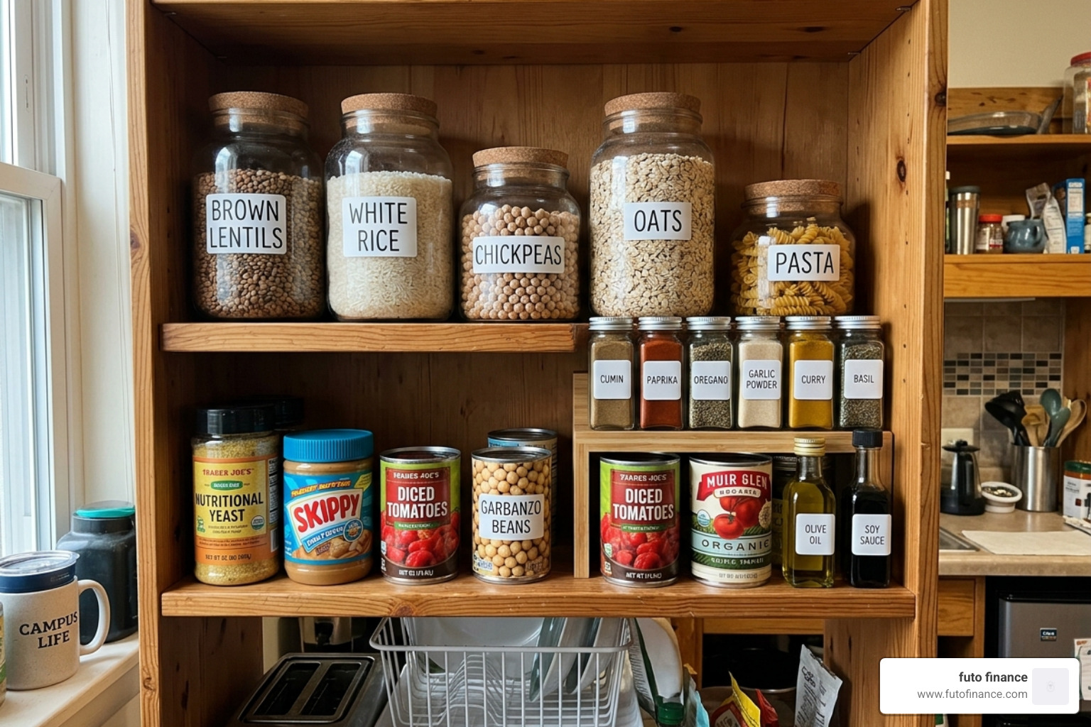 a well-organized student pantry with jars of lentils, rice, and spices - simple vegan student recipes
