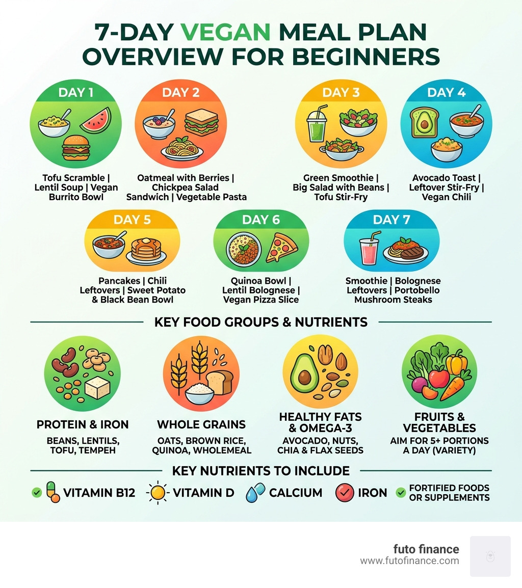 7-day vegan meal plan overview with key food groups and nutrients for beginners - vegan diet meal plan infographic 