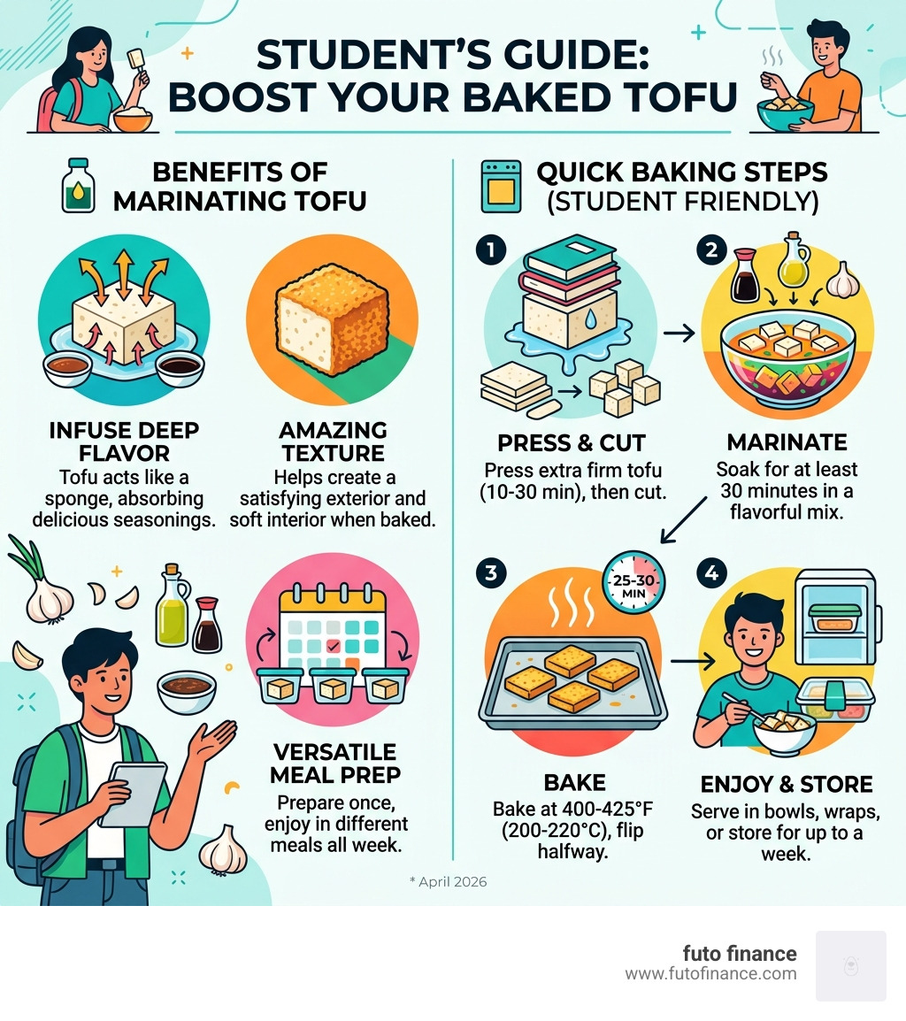 infographic showing benefits of marinating tofu and quick baking steps for students - baked marinated tofu infographic 