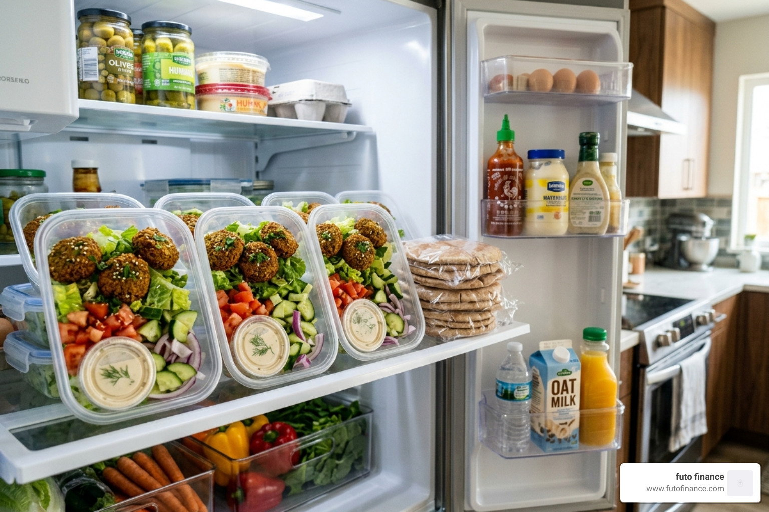 meal-prepped falafel containers in a refrigerator - simple vegan falafel recipe