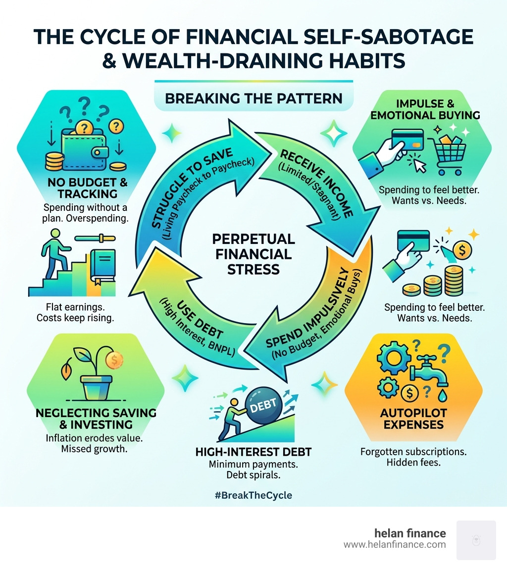 Infographic showing the cycle of financial self-sabotage and common money habits that keep you poor - money habits that keep