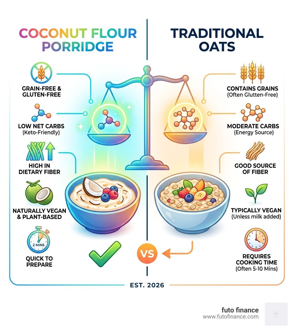 Benefits of coconut flour porridge vs traditional oats infographic - coconut flour porridge vegan infographic 